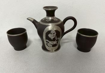 Image of Chinese silver overlay teapot with 2 cups
