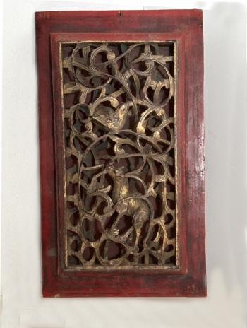 Image of Chinese 19thc hand carved panel with bird and fox