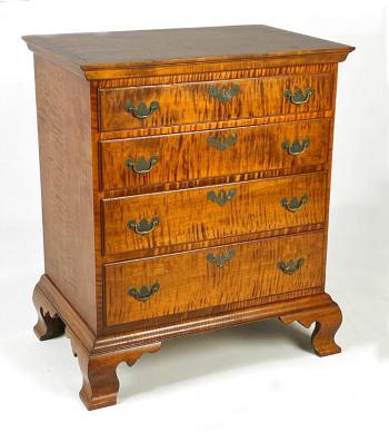 Image of D R Dimes small tiger maple chest on bracket feet