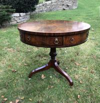 English Regency style rosewood and mahogany game drum table w drawers c1900
