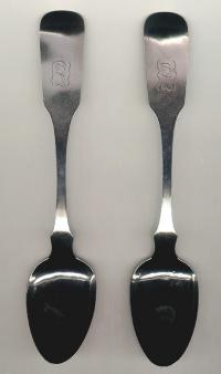 Pair J C Farr coin silver tablespoons Boston C1810 to 1820