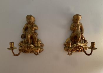 Image of Putti gilt wood and brass candle sconces