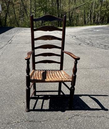 Image of English oak ladder back arm chair with woven seat c1760