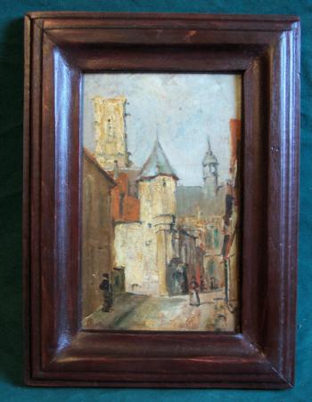 Image of 19th century European oil painting of village street signed Maguire