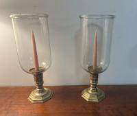 Antique pair of candle holders with hurricane shades