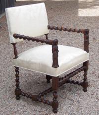 English twist wood figural upholtered arm chair c1875