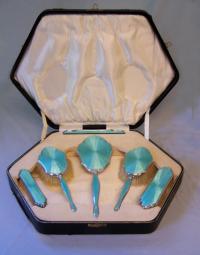 Art Deco enamel and sterling silver cased vanity set c1920