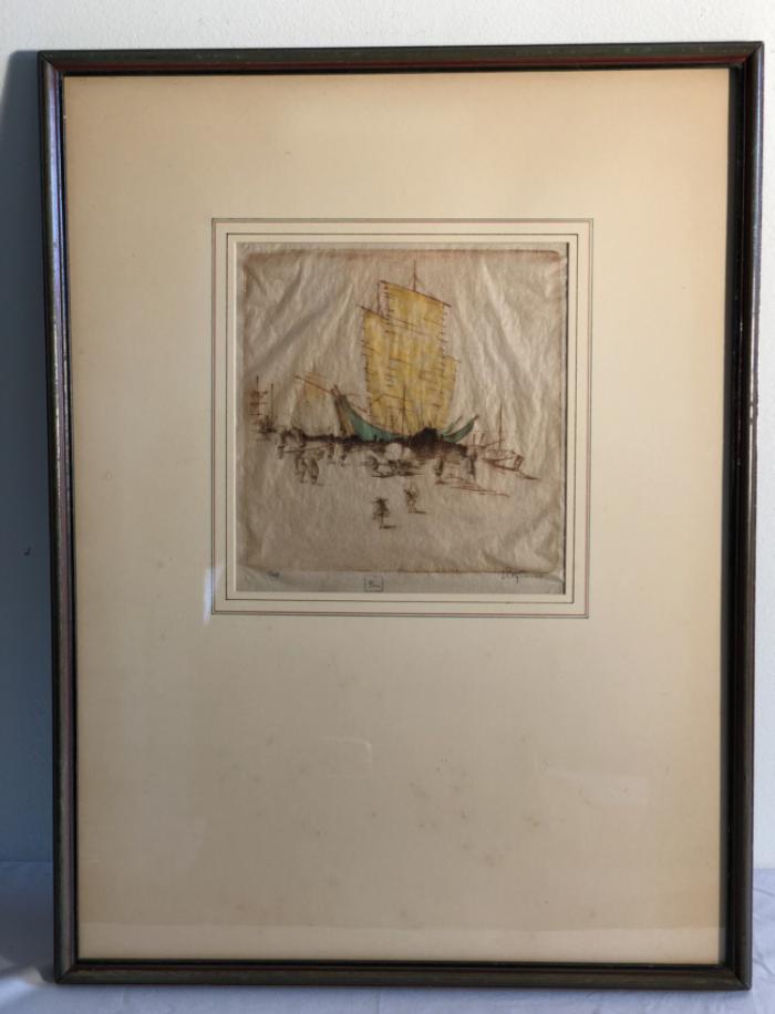 D P Tyson original signed etching Junks and Coolies