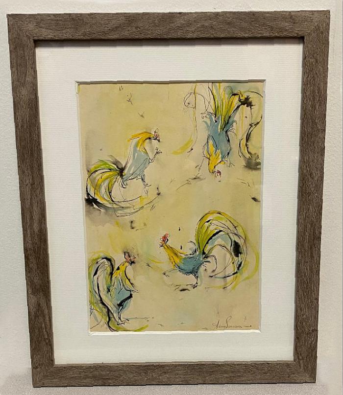 Audrey Swanson watercolor of roosters