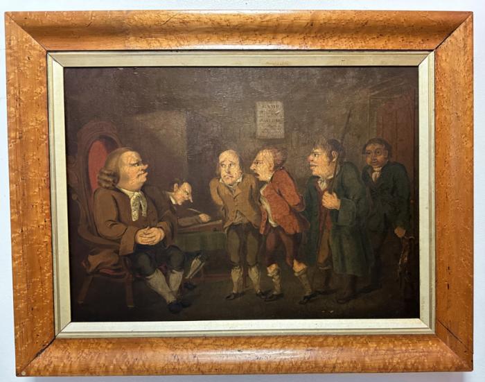 English oil painting of debtor and magistrate c1800