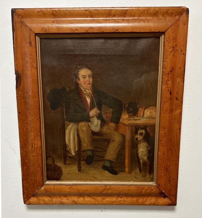 Antique English painting of a man and his dog