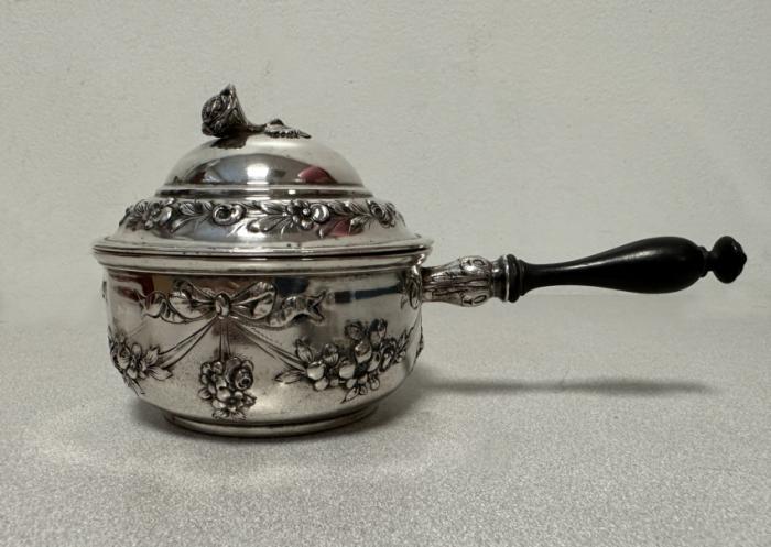 German silver covered warming pot with turned wood handle