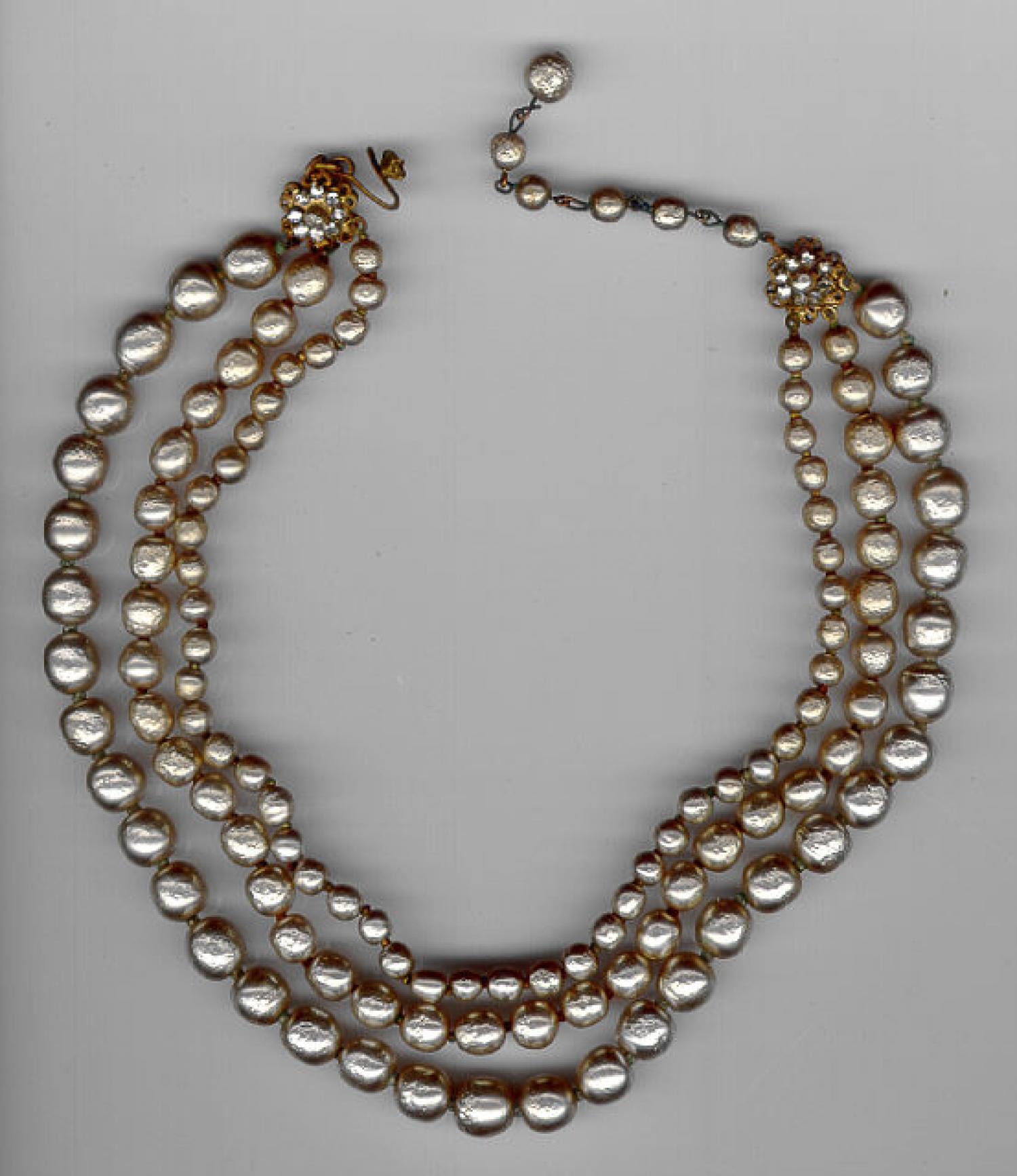 Miriam Haskell vintage costume jewelry three strand pearl necklace