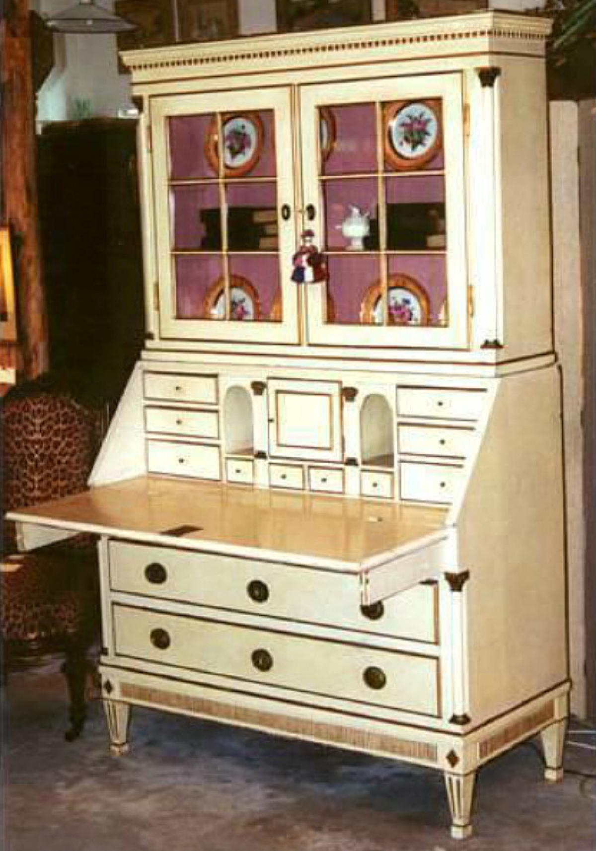 Swedish 19thc Cream Painted Secretary Desk Bookcase