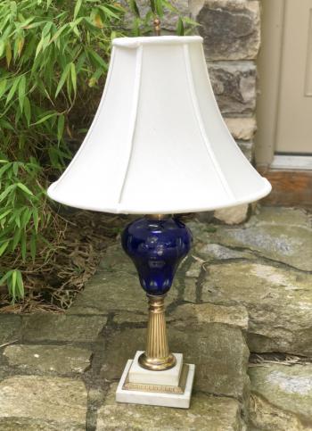 Image of Cobalt Sandwich glass kerosene lamp on brass marble base c1860
