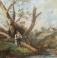 Landscape oil painting with boy and dog 19thc