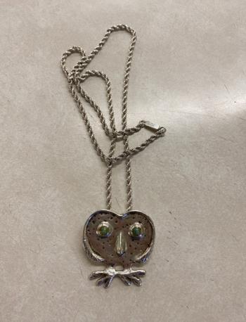 Image of Owl pendant with stone eyes signed NBK in sterling silver