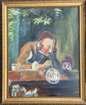 Image of Antique painting of glassblower and little boy in the Ashcan School style