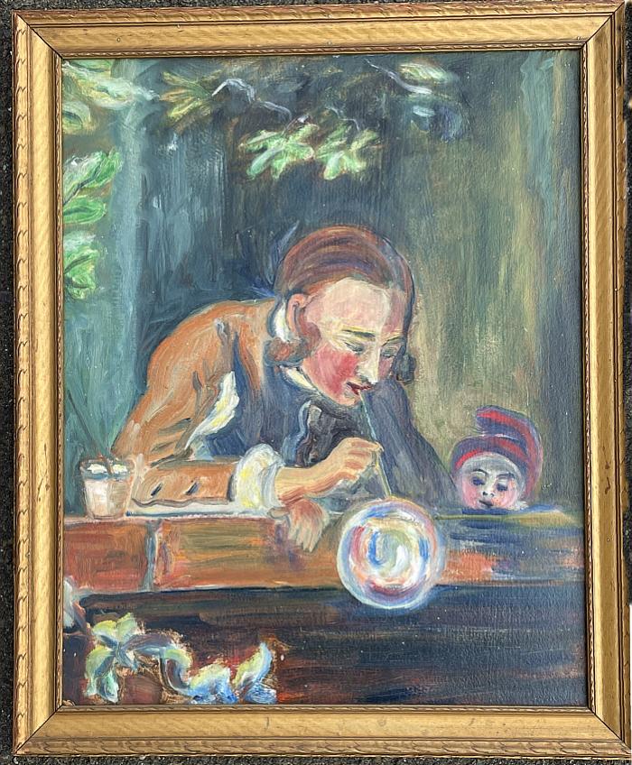 Antique painting of glassblower and little boy in the Ashcan School style