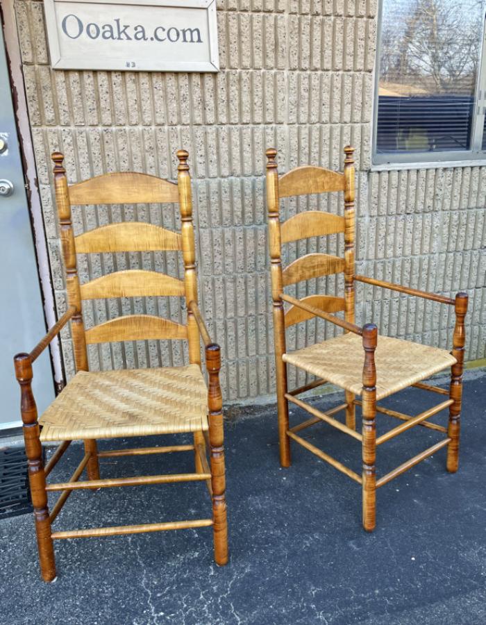 Tiger maple Pilgrim century style armchairs