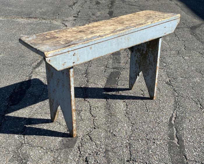 Antique country pine milking bench in blue c1900