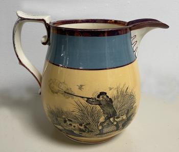 Image of Staffordshire luster pitcher of a hunting scene early 19thc