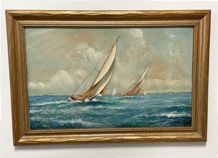 Sailboat race oil on board signed S R Wright