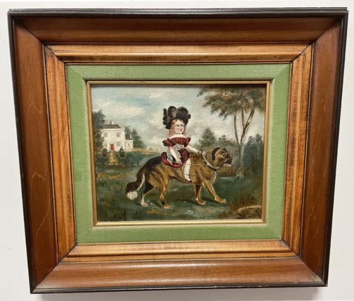 Antique English painting of little girl and dog