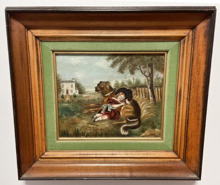 Antique English painting of little girl and dog