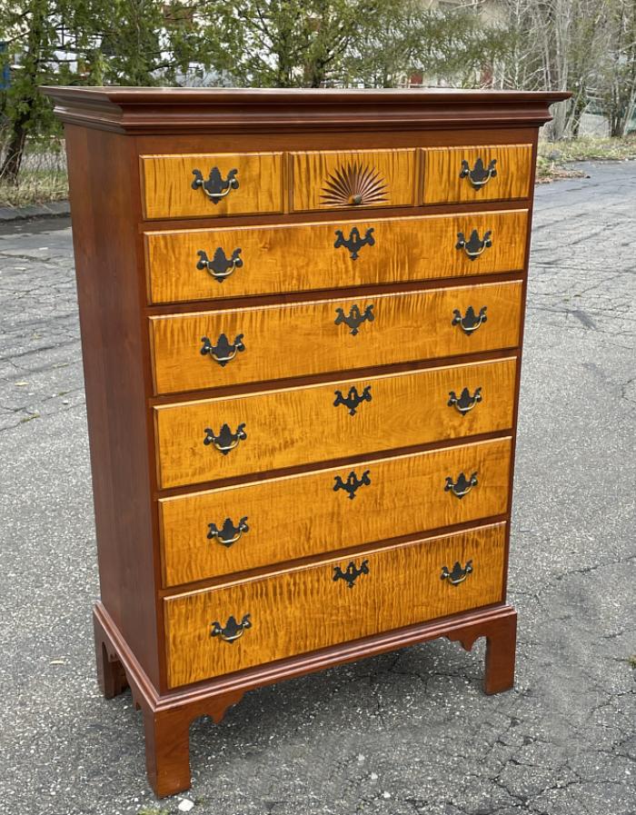 Eldred Wheeler tall chest in tiger maple and cherry