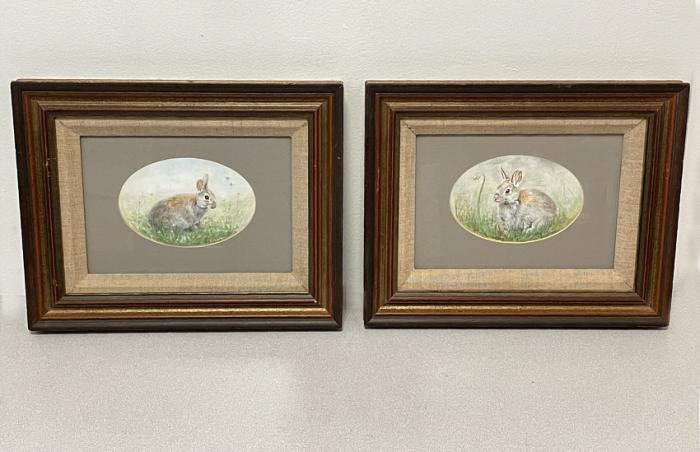 Pair of rabbit oil paintings by Chris Adams