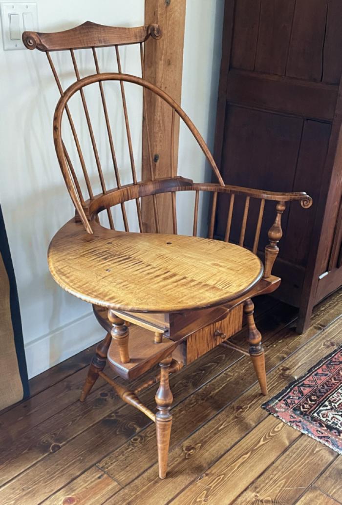 D R Dimes writing arm Windsor chair in tiger maple