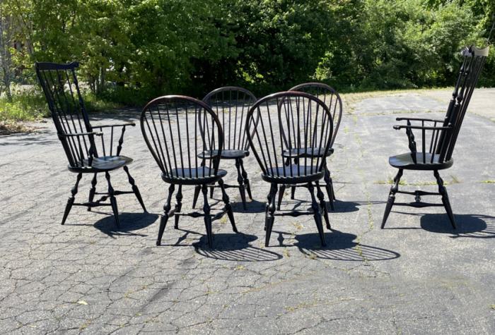 Set of six crackle black D R Dimes Windsor chairs