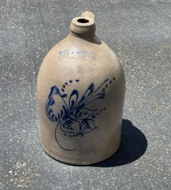 Image of E L P Norton Bennington VT stoneware jug with cobalt flower