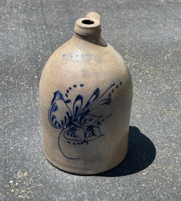 E L P Norton Bennington VT stoneware jug with cobalt flower