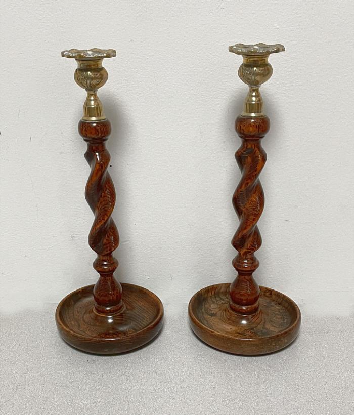 English twist oak and brass candlesticks c1880