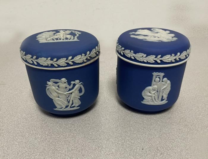 19thc Wedgwood blue jasperware vanity jars