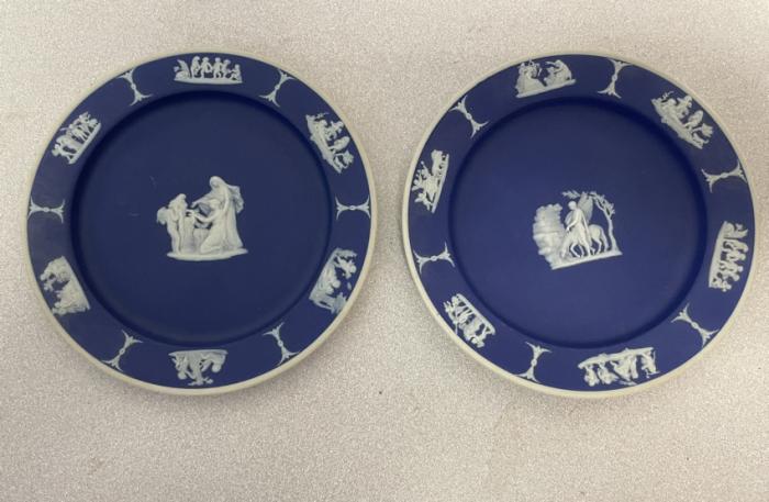 Pair of Wedgwood dark blue Jasperware plates