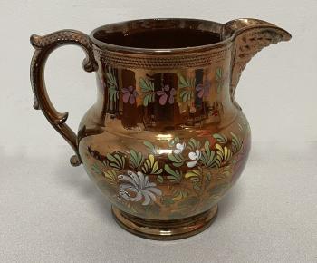 Image of Large antique copper luster pitcher with enamel decoration