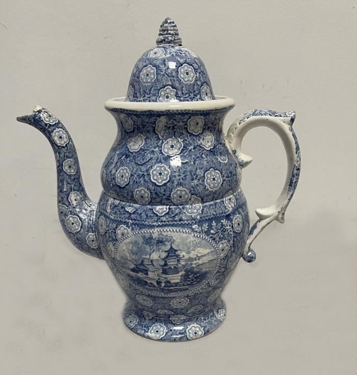 Staffordshire earthenware blue and white coffee pot c1820