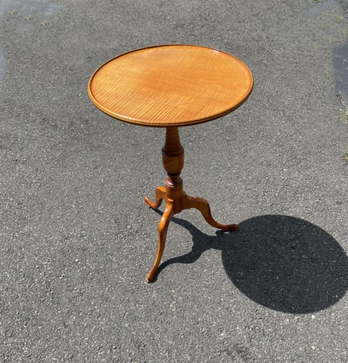 Tiger maple candle stand with dish carved top