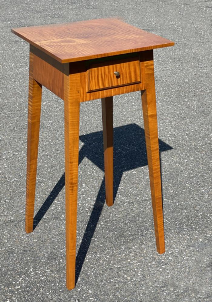 Eldred Wheeler tiger maple splay leg stand with drawer