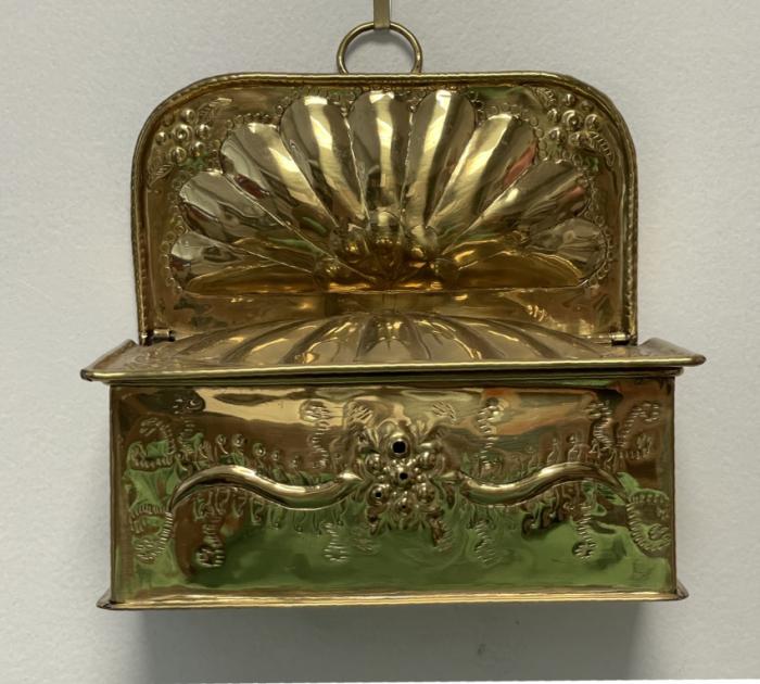 Antique English brass wall box with repousse work