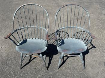 Image of D R Dimes sack back Windsor arm chairs in crackle blue