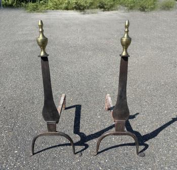 Image of 18thc American brass and iron knife blade andirons