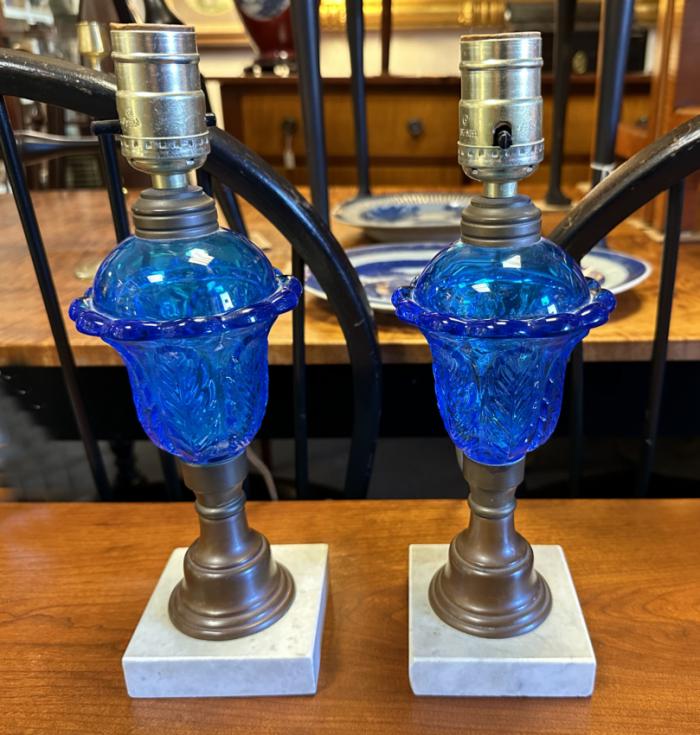 Pair of turquoise blue oil lamps c1900