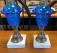 Pair of turquoise blue oil lamps c1900