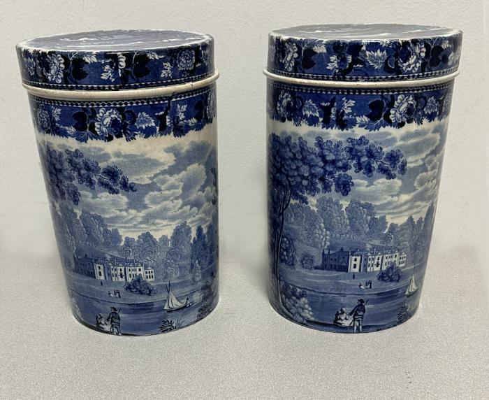 Rare 18thc Wedgwood biscuit jars in blue transfer