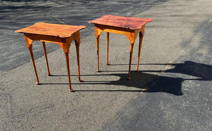Pair of J L Treharn tiger maple stand with porringer top