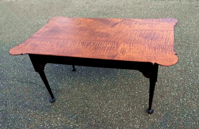 Treharn tiger maple coffee table with porringer top and black base